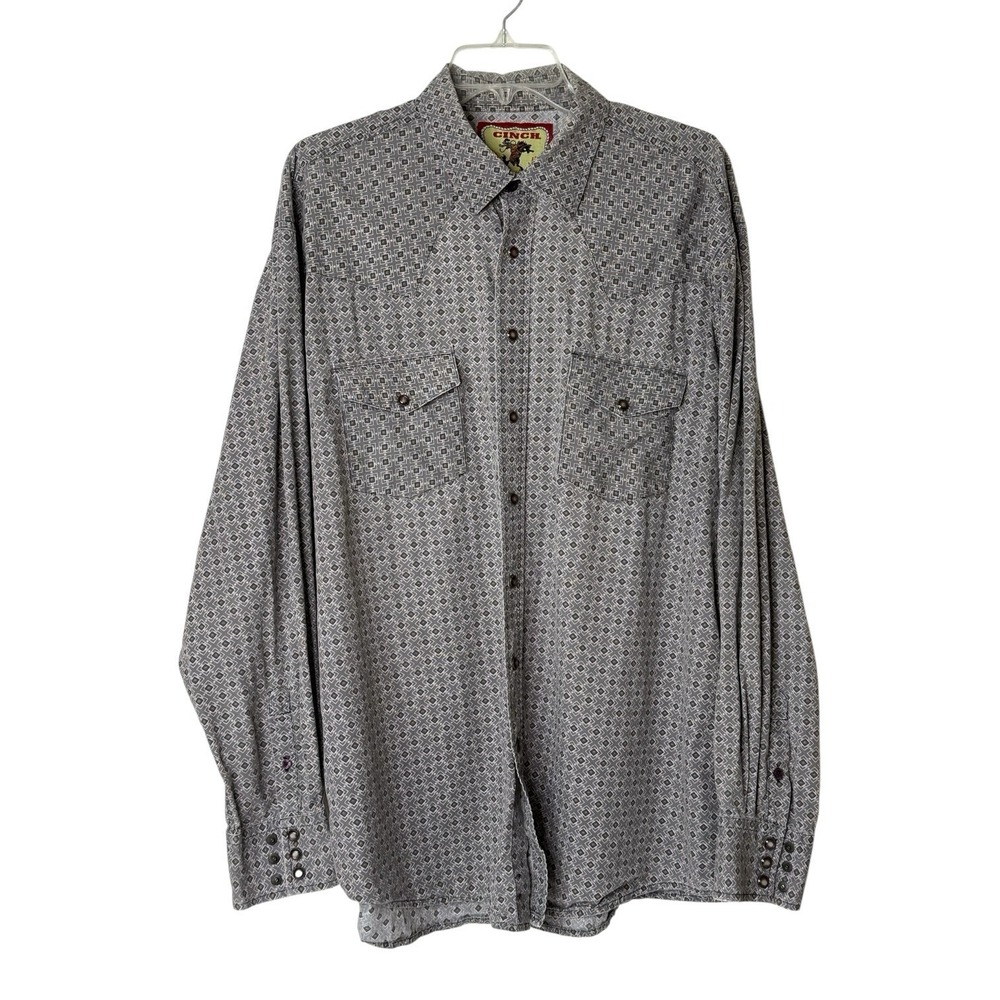 Cinch Western‎ Rodeo Cowboy Pearl Snap Gray Geometric Long Sleeve Shirt Mens XL